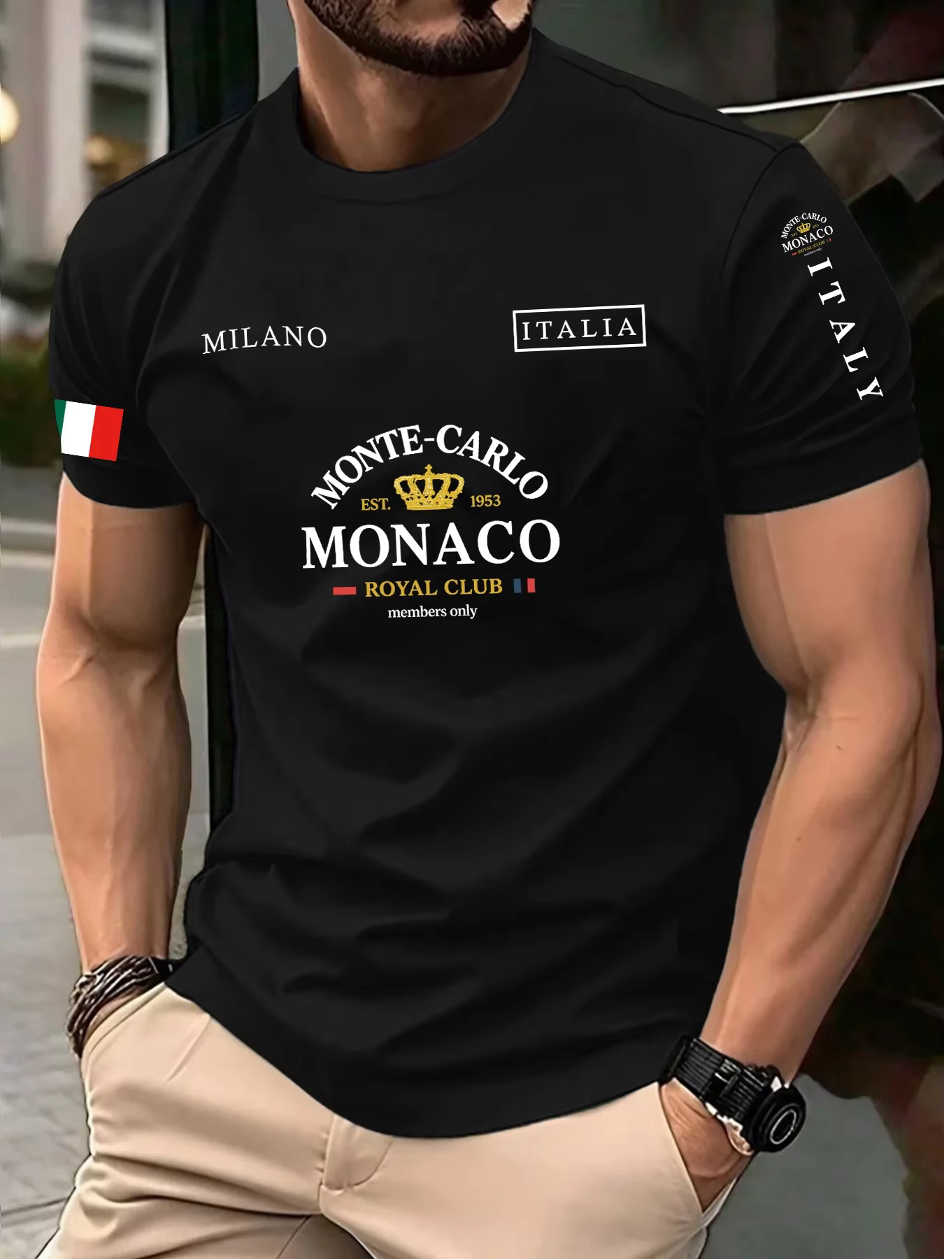 T-shirt d'été pour homme à imprimé 3D Lettre Monaco, le plus vendu - Coupe décontractée, style urbai