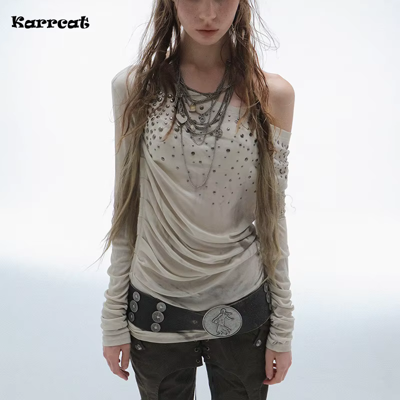 Karrcat Grunge Esthétique Hors Épaule Hauts Trashy Y2k Diamants Imprimé T-shirt Vintage années 2000 