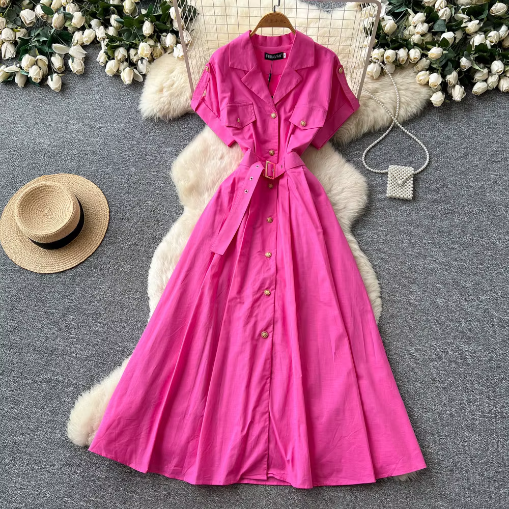 Robe longue chemise pour femme, coupe trapèze, style Y2K streetwear, col rabattu, manches courtes, t