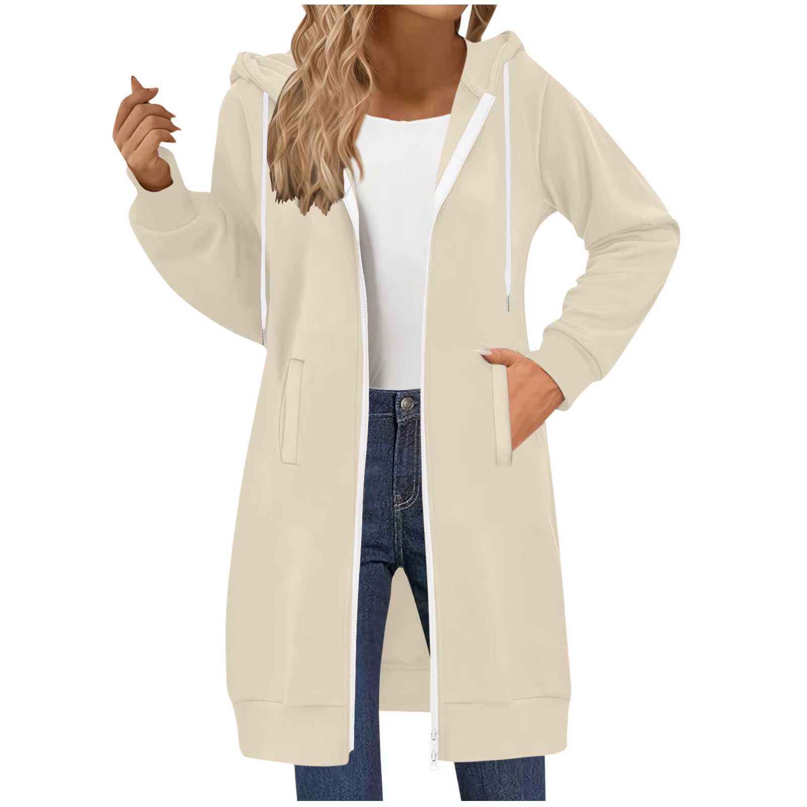 Sweat-shirt Long décontracté et polyvalent pour femmes, veste à capuche à manches longues avec cordo