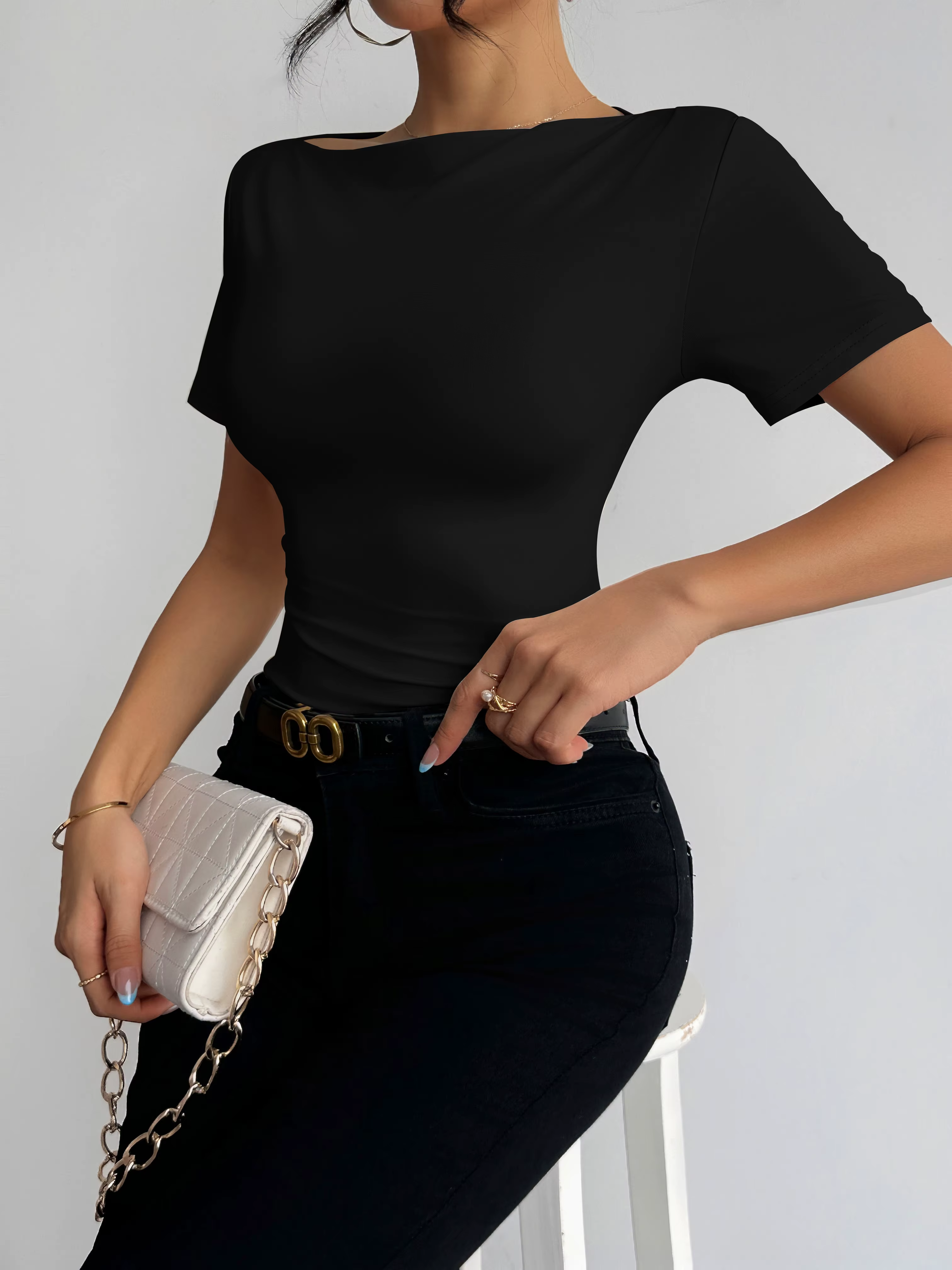 T-shirt à col bateau et manches courtes pour femme, coupe ajustée, très élastique, basique, décontra