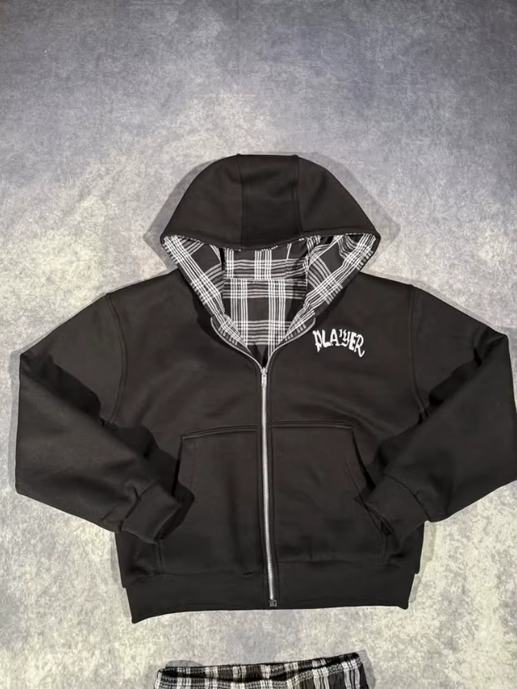 Sweat à capuche moderne à fermeture éclair double face avec motif damier vintage pour garde-robe de 