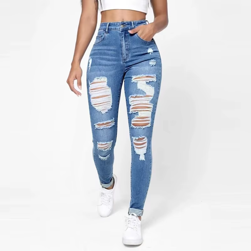Jean slim décontracté à trous déchirés, poches Slash, pantalon en Denim à simple boutonnage et taill