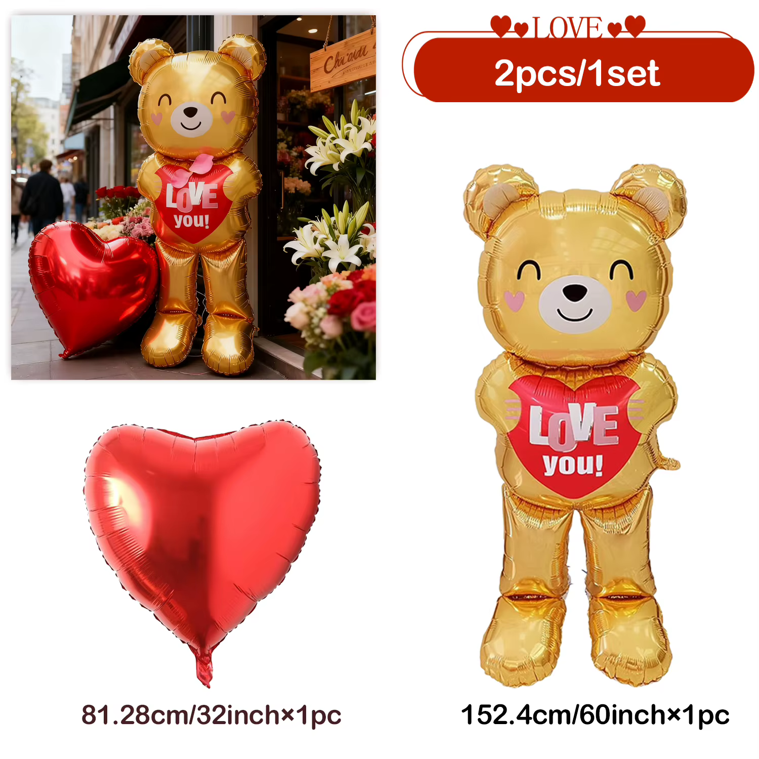 Ballon ours d'amour accrocheur avec ballon en film d'aluminium d'amour de 32 pouces, décoration pour
