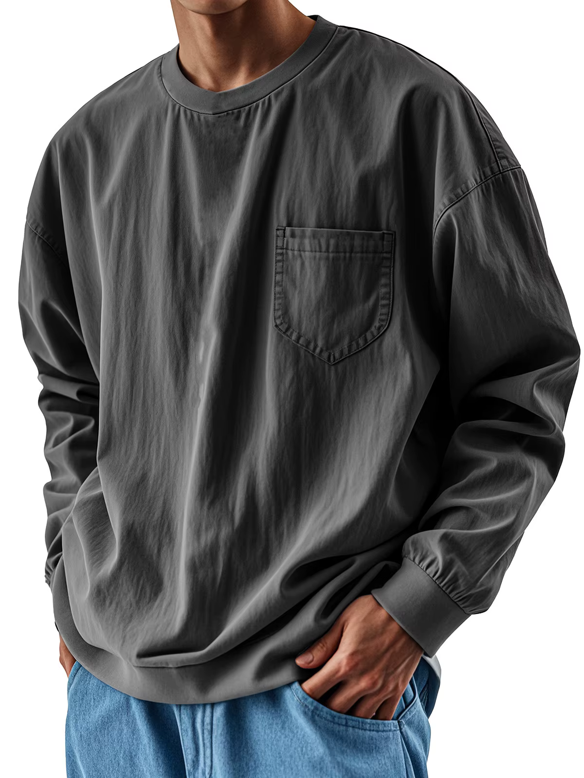 Respzed At-T-shirt à manches longues pour homme avec poche poitrine, streetwear décontracté, haut vi