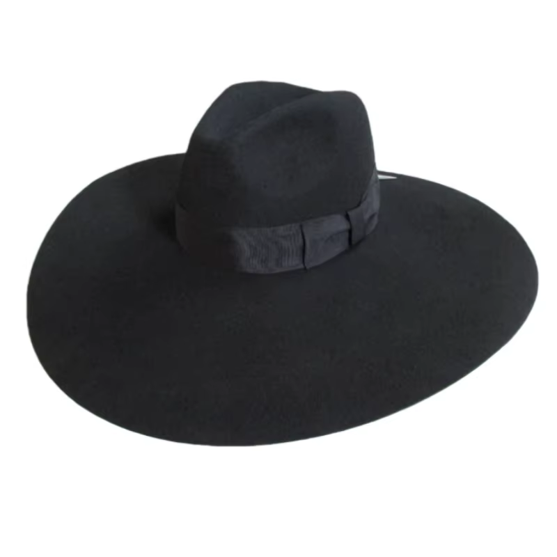 Chapeau haut de gamme noir style français en laine, chapeau haut-de-forme à large bord, chapeau de m