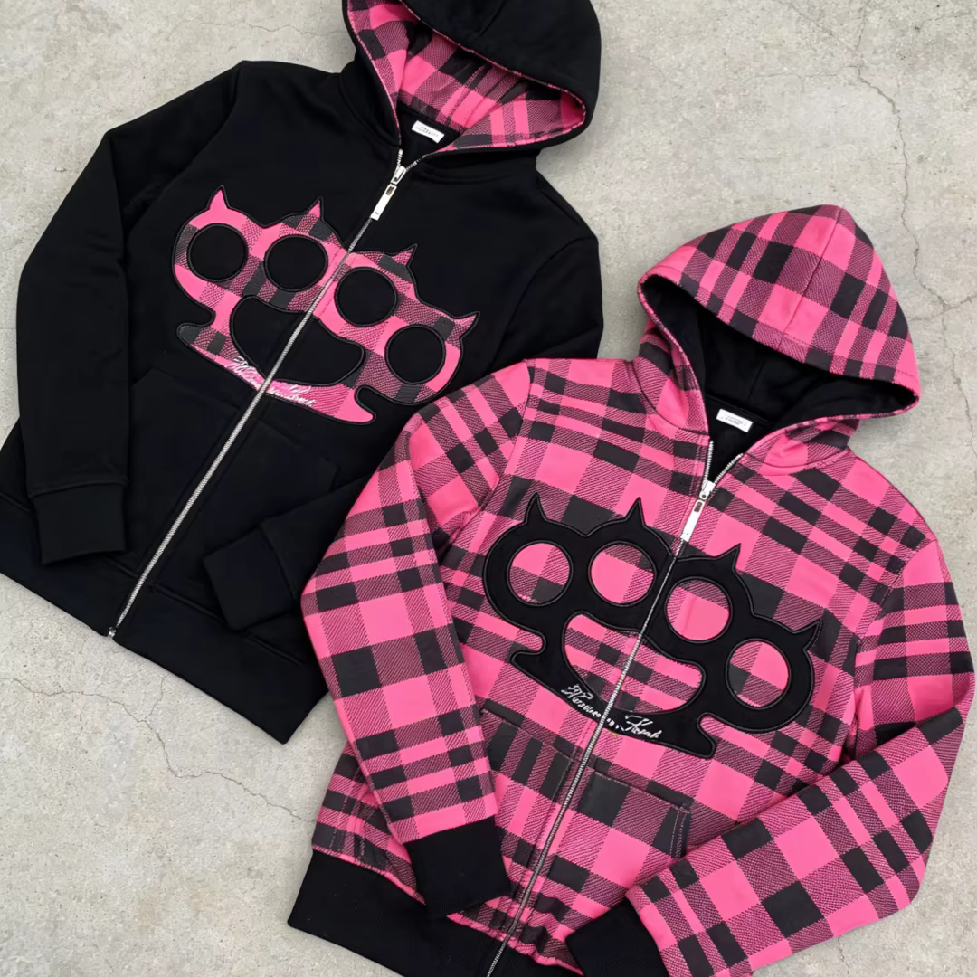 Sweat à capuche zippé rose et noir pour femme, imprimé à carreaux, motif chat, esthétique Y2K, mode 