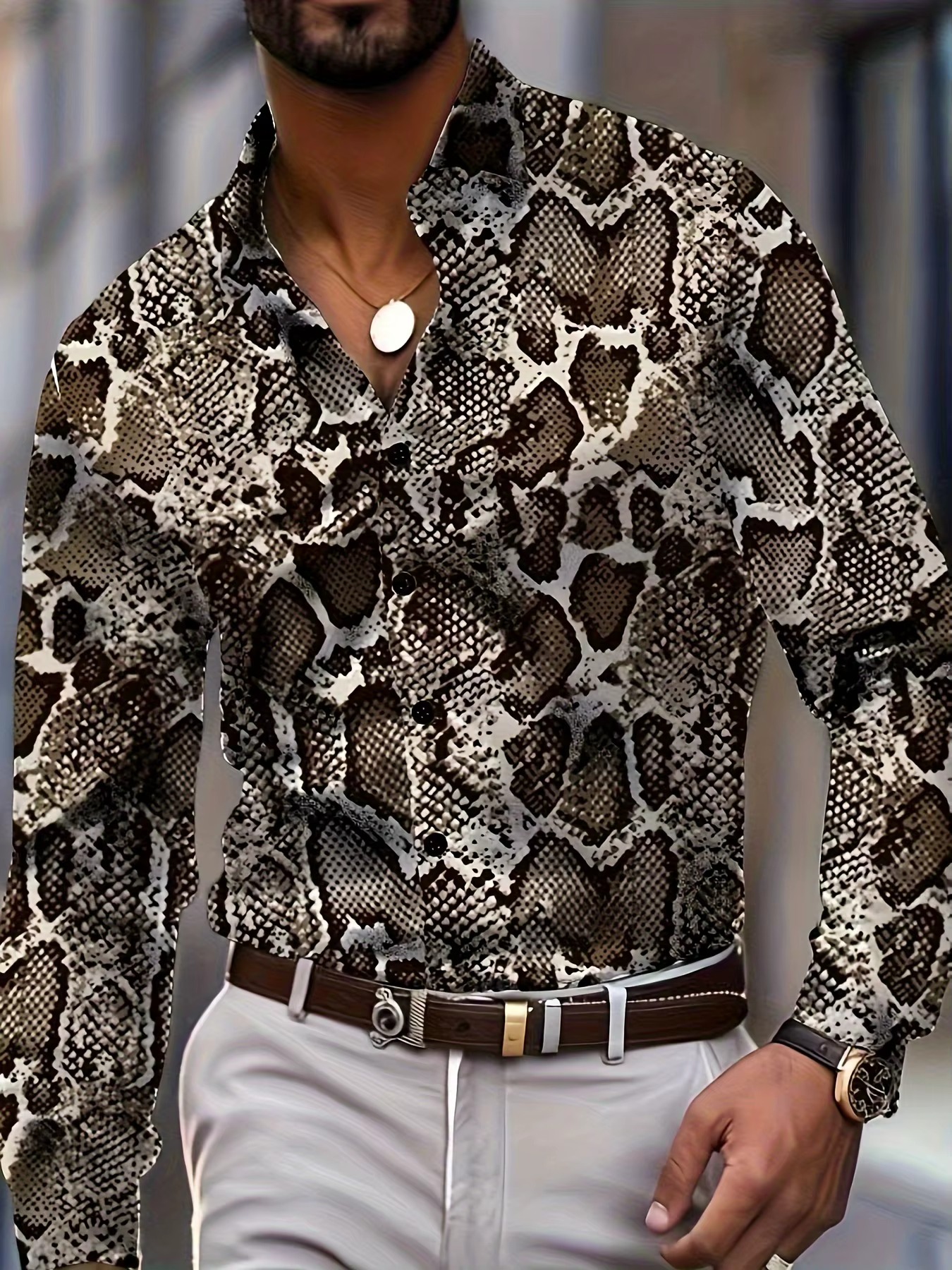 Chemise à manches longues imprimé léopard pour hommes, boutonnée, adaptée au printemps et à l'automn