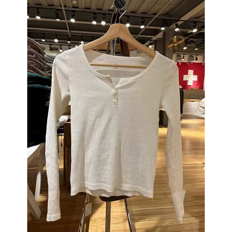 T-shirt manches longues col rond femme, streetwear, décontracté, en coton, rétro, blanc, bouton de l