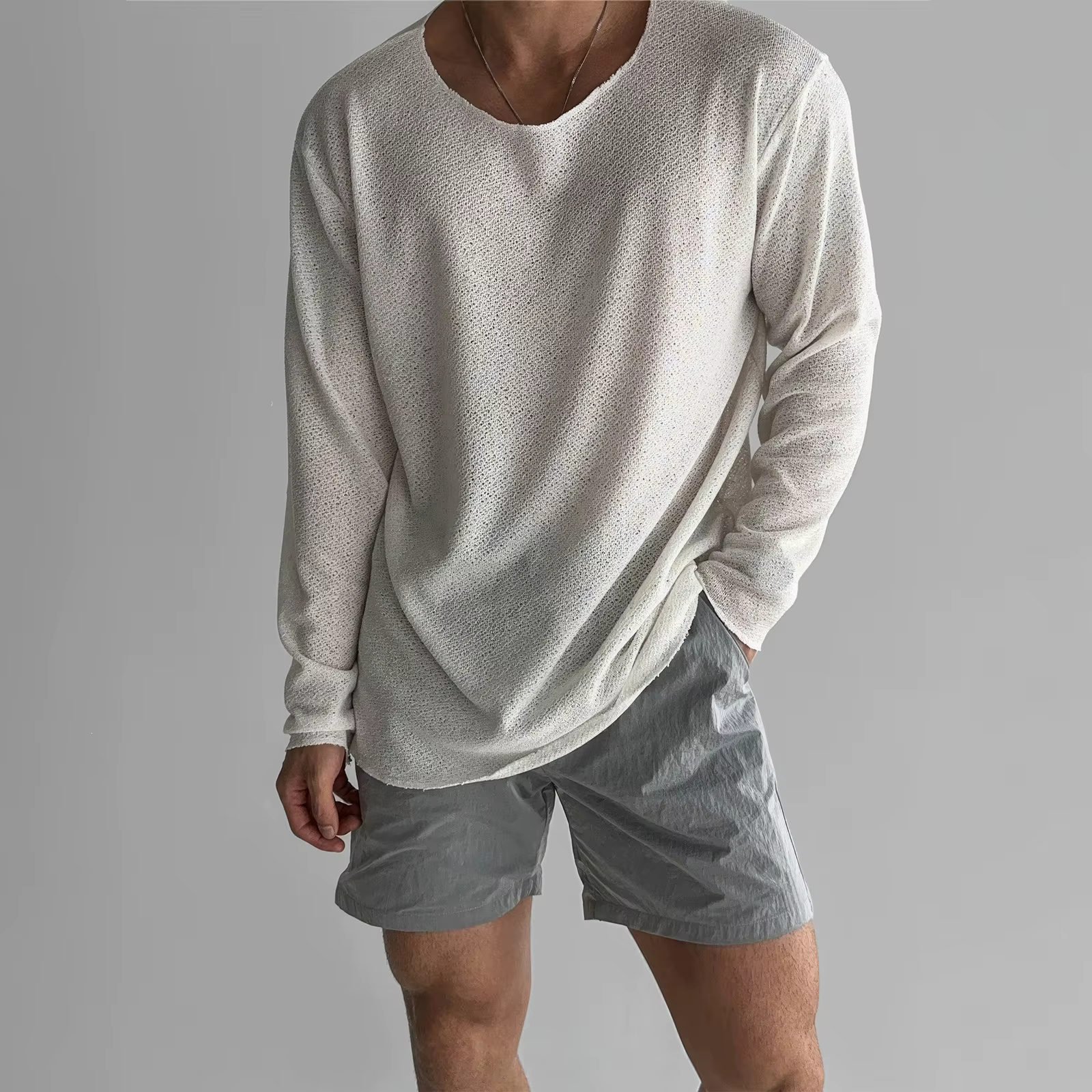 T-shirt léger et respirant pour homme, manches longues, tricoté, protection solaire, coupe décontrac