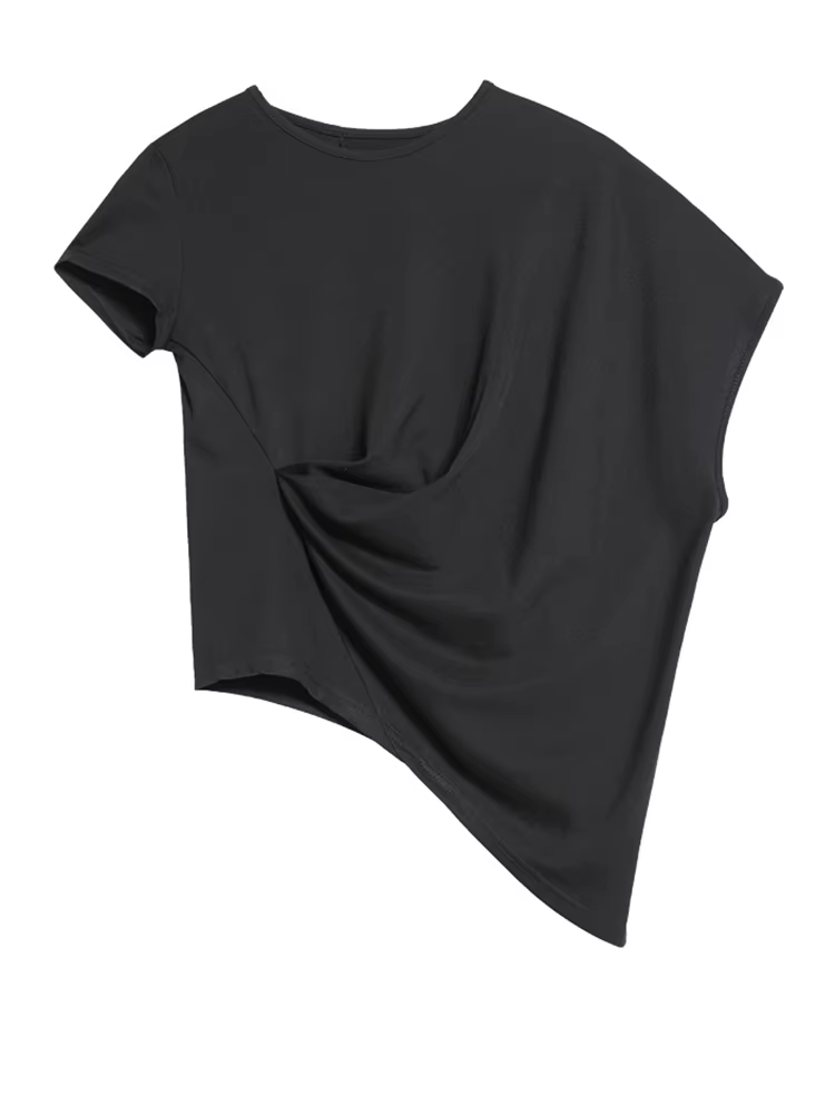 [EAM] femmes noir asymétrique plissé grande taille T-shirt nouveau col rond manches chauve-souris mo
