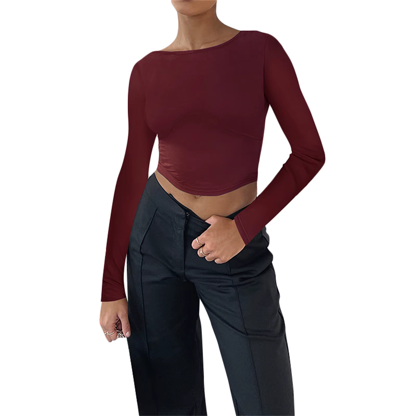 Hauts courts à manches longues pour femmes, t-shirt uni à col rond et dos nu, révélant le nombril, p
