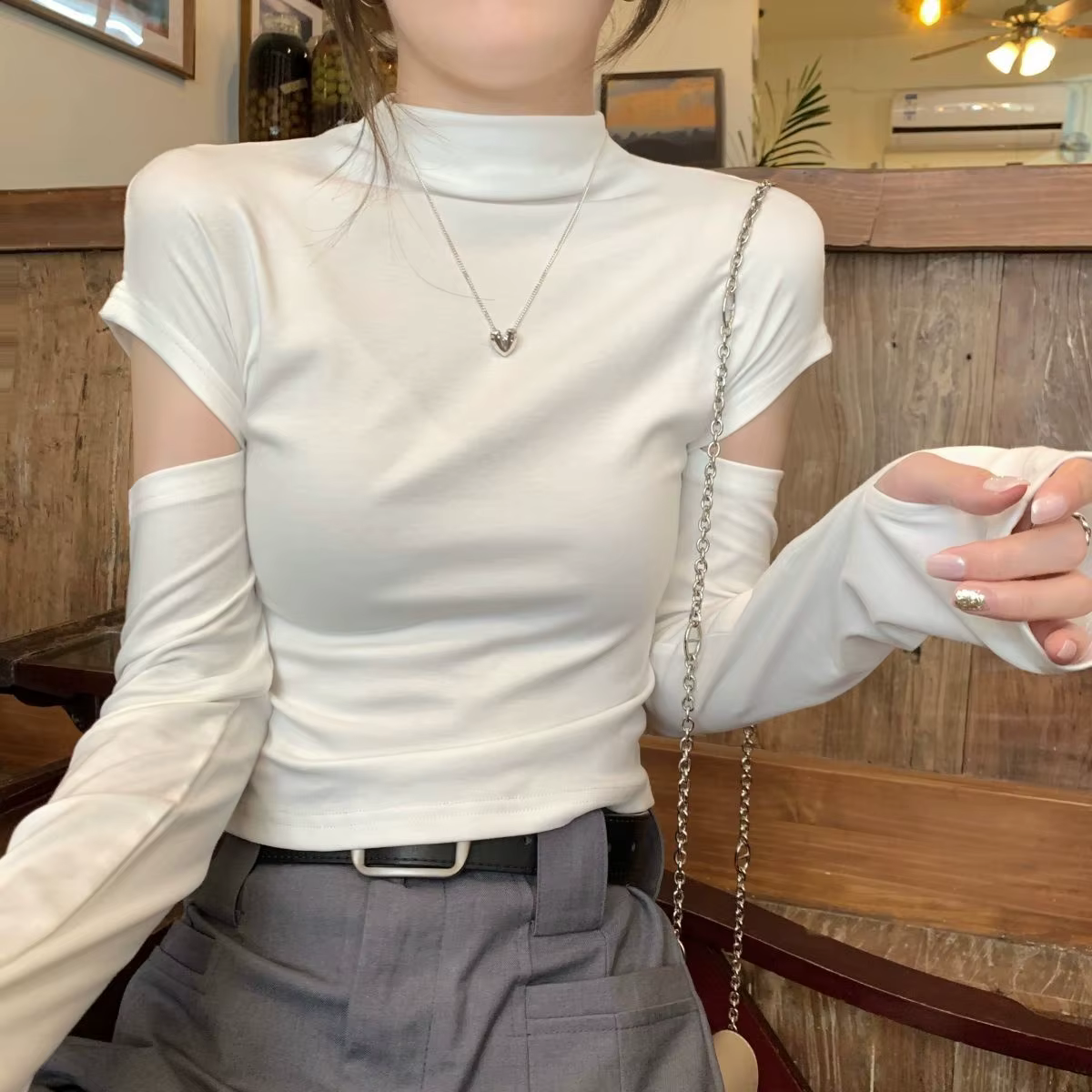 T-shirt à manches détachables pour femmes d'âge moyen, vêtements de printemps évasés, ourlet à volan