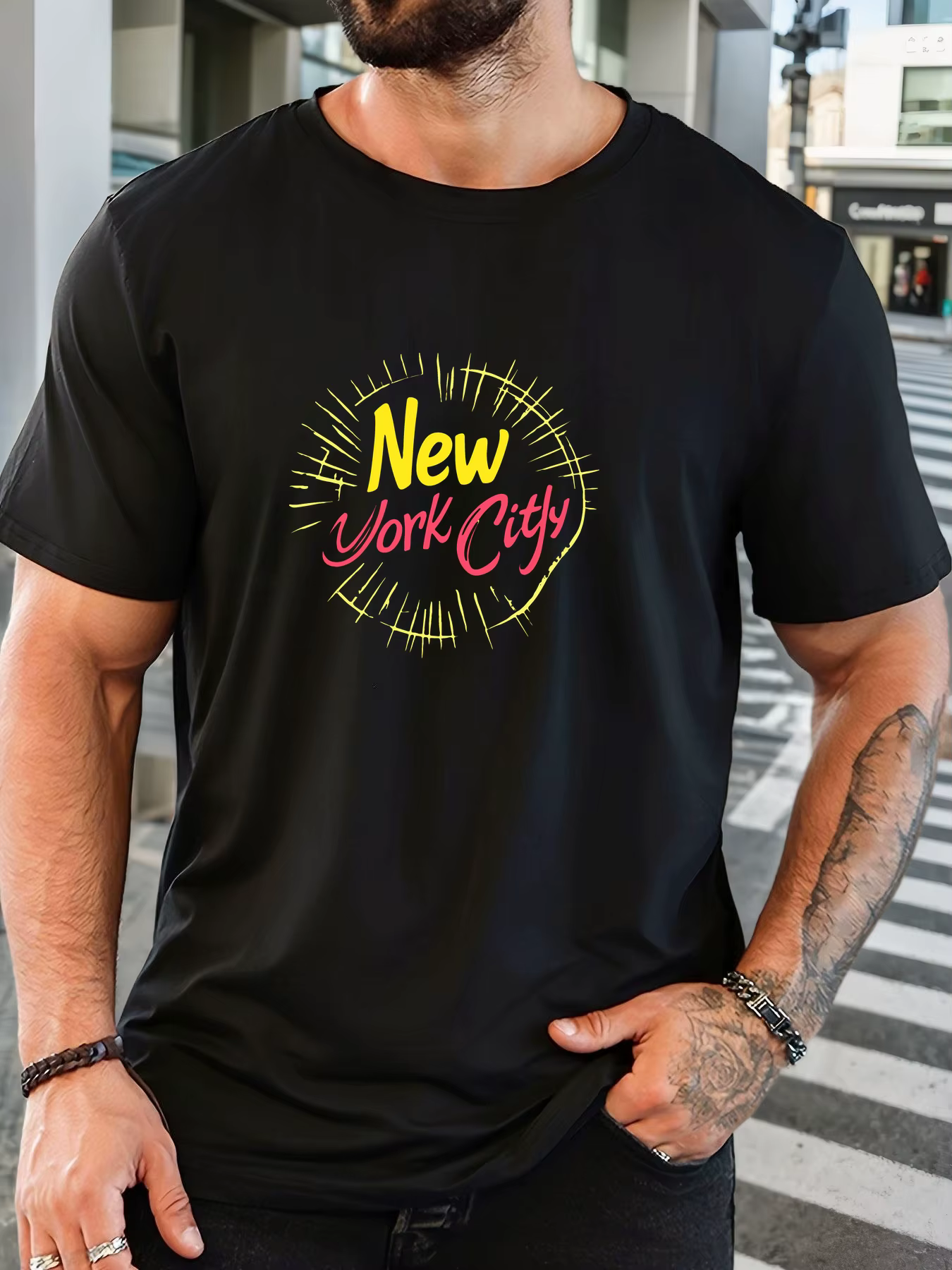 T-Shirt homme 2025 nouveauté rétro Chic NYC graphique Vibrant jaune-rose typographie éclat rayonnant