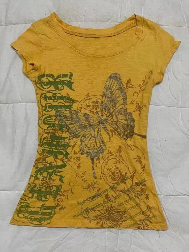 T-shirts vintage imprimés violet foncé pour femmes, manches courtes, col en V, coupe ajustée, style 