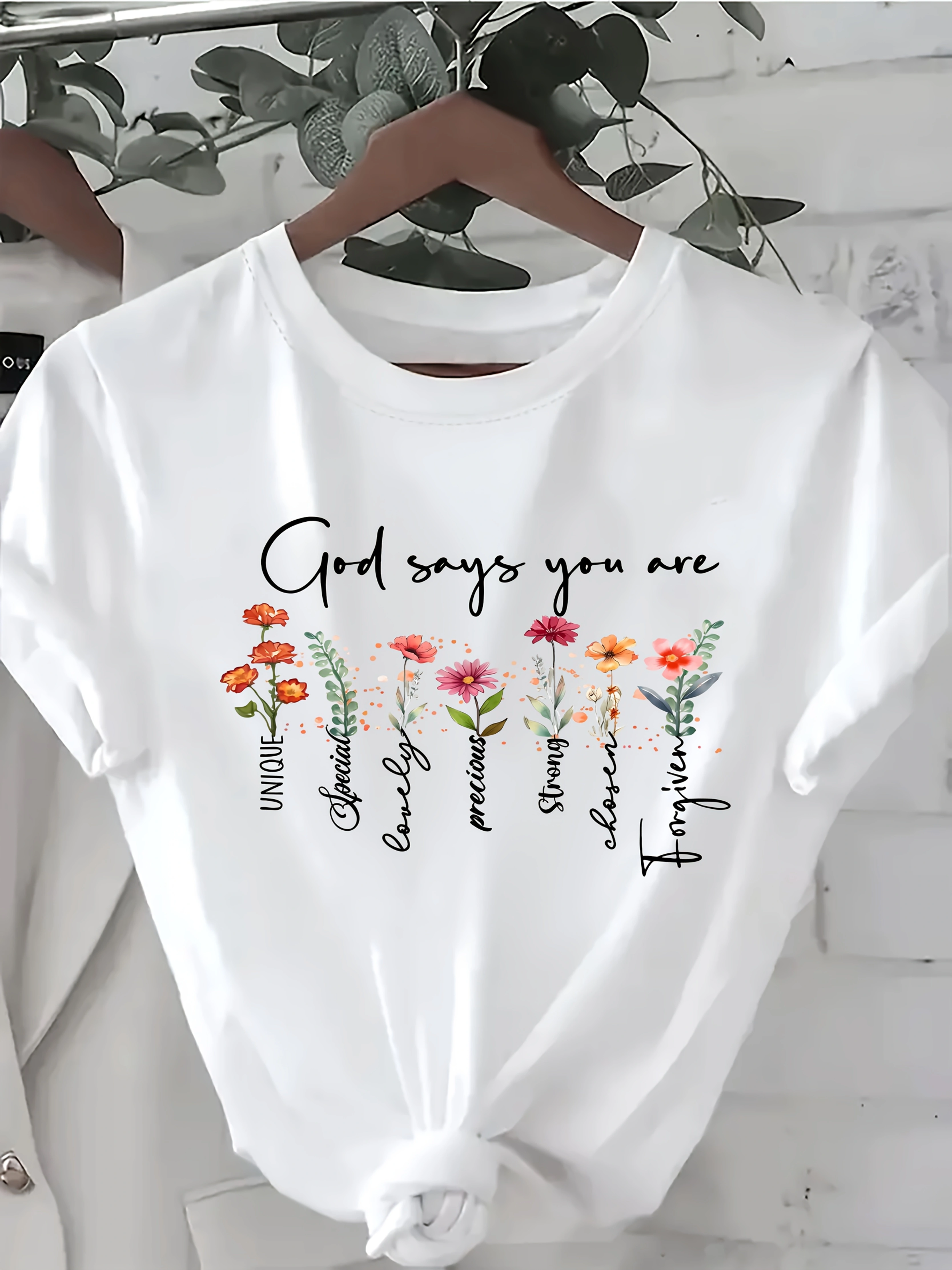 T-Shirt femme imprimé fleuri d'inspiration chrétienne Dieu vous dites fleurs vibrantes décontracté c