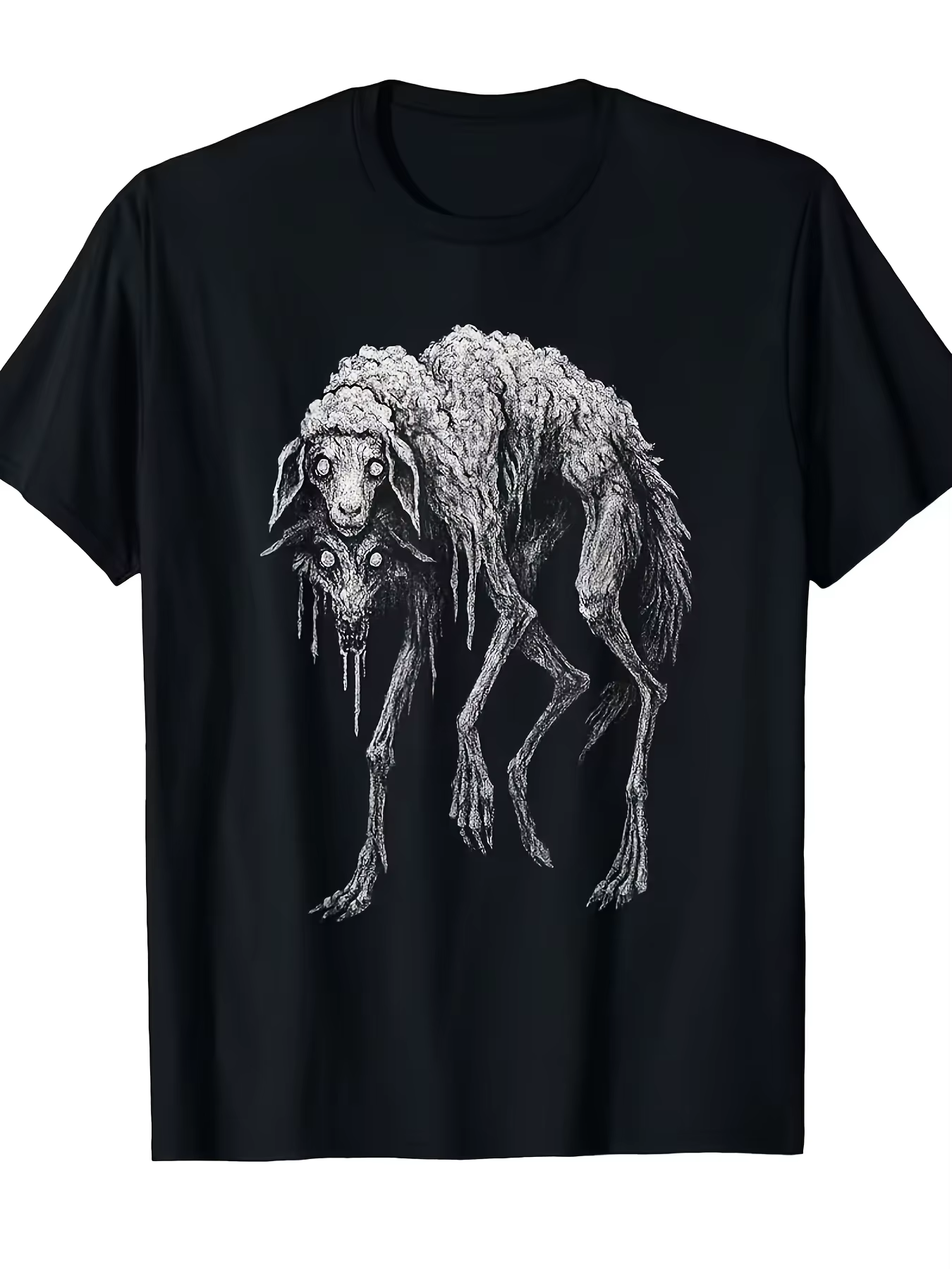 T-shirt gothique pour hommes, motif loup-agneau effrayant, folklore d'horreur, noir et blanc, manche