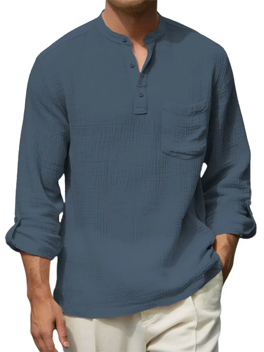 Chemise décontractée pour homme à col montant, manches longues, boutonnée