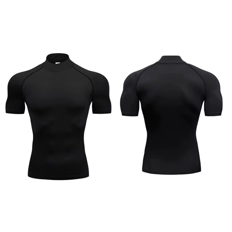 T-shirts à Compression unie pour hommes, T-shirts de course d'été à col roulé, élastiques à séchage 