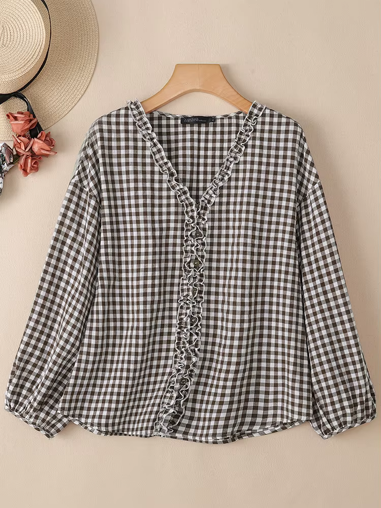 ZANZEA – chemisier à joues à carreaux pour femmes, col en V, manches longues, élégant, chemise de tr