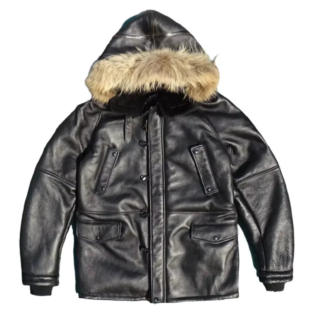 Veste longue en peau de mouton véritable noire à capuche pour homme, style décontracté, taille plus 