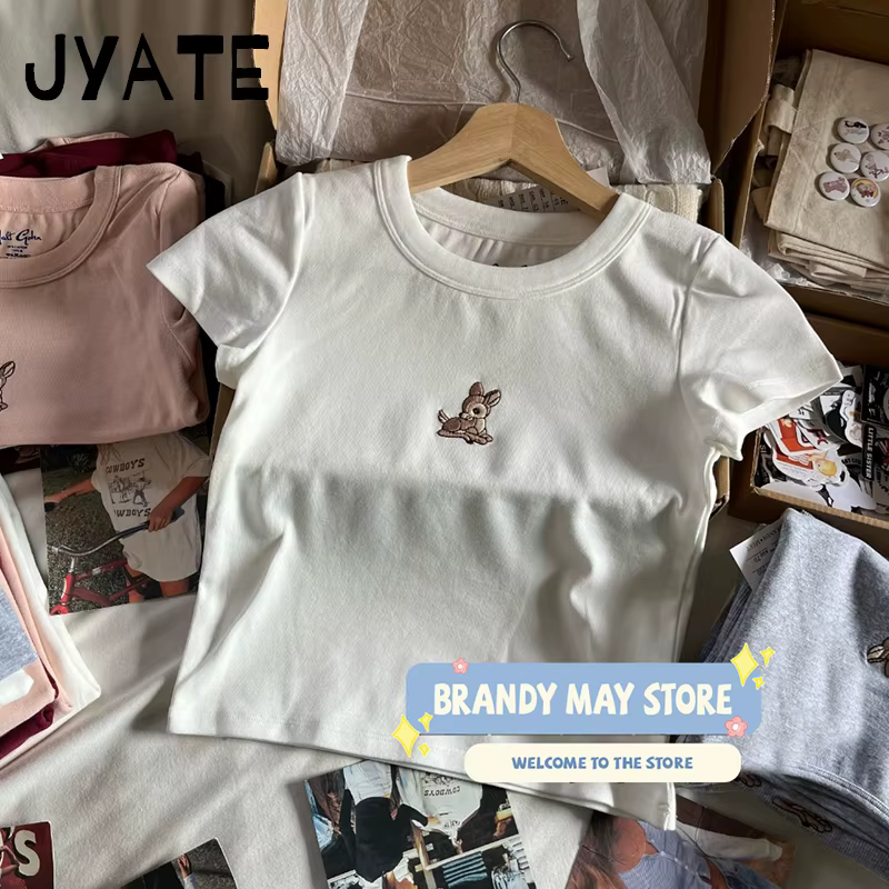 Petit Cerf Broderie Crop Y-Femmes, Coton Doux, Décontracté, Simple, Mignon, Mince, Manches Courtes, 