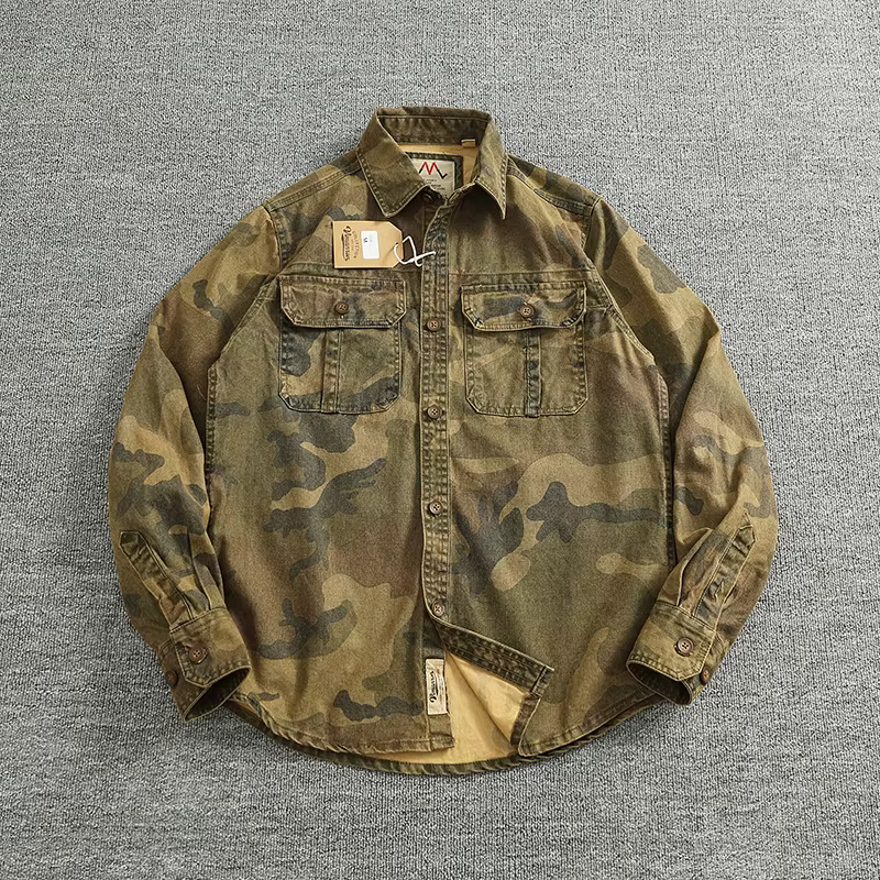 Chemise camouflage décontractée en coton pour hommes, chemise à manches longues, manteau rétro, vête