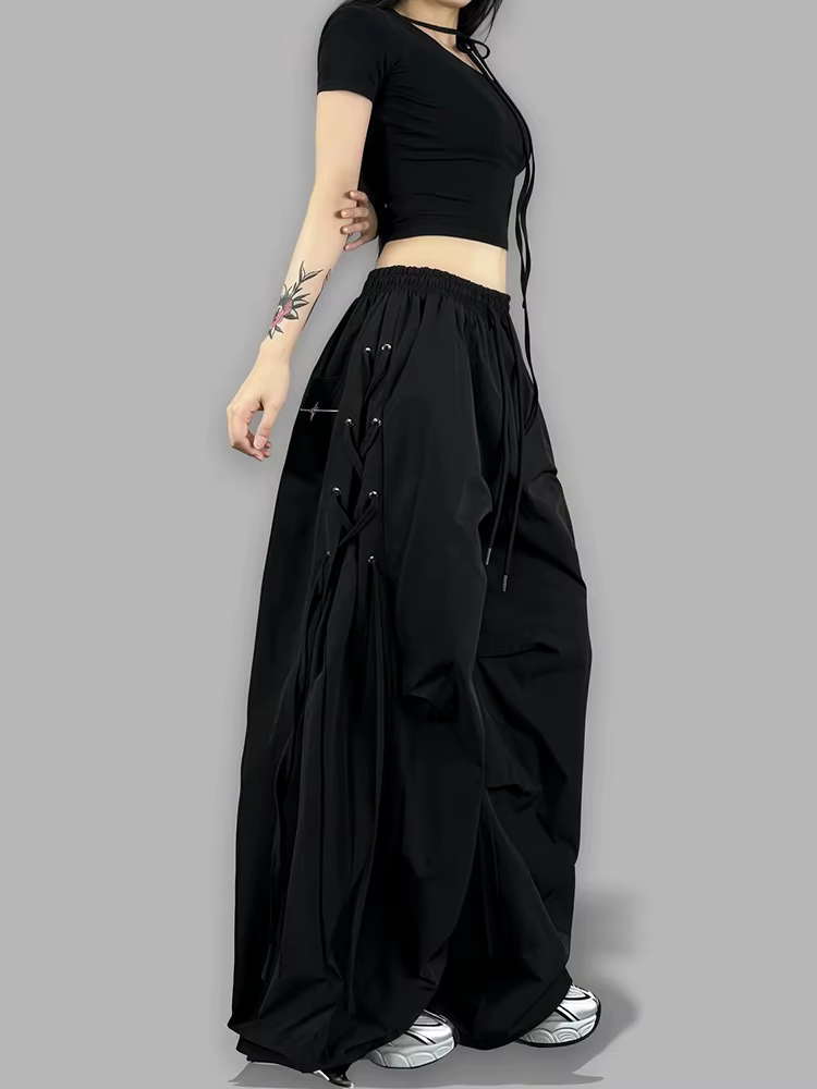 Pantalon cargo de jogging streetwear américain pour femme, taille haute, avec sangles latérales, cou