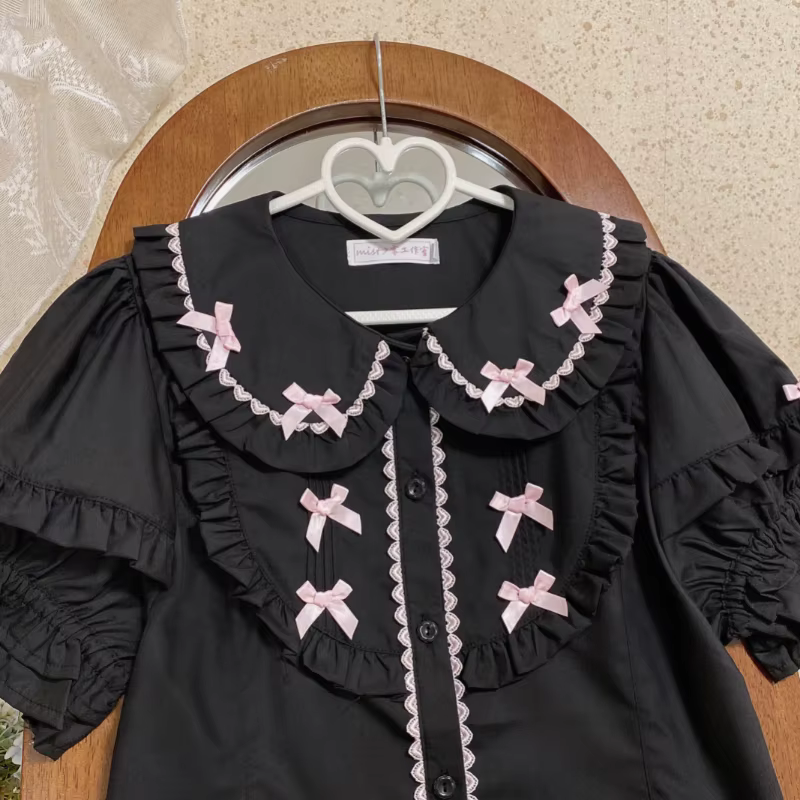 Japon Kawaii Lolita Blouses femmes élégant nœud volants col claudine dessus de chemise Girly décontr