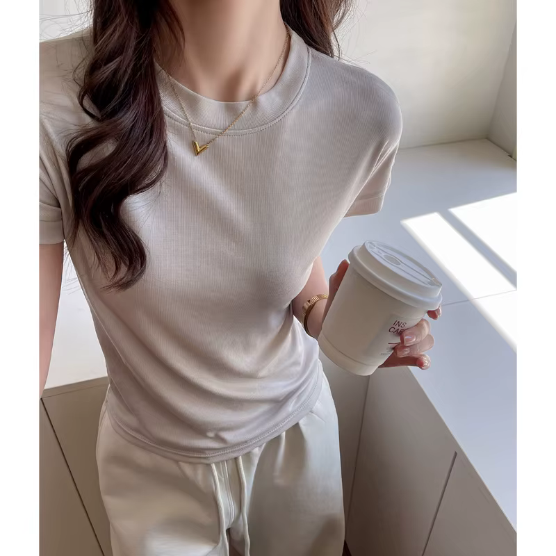 T-shirt en Lyocell pour femme, col rond, coupe ajustée, manches courtes, décontracté, été