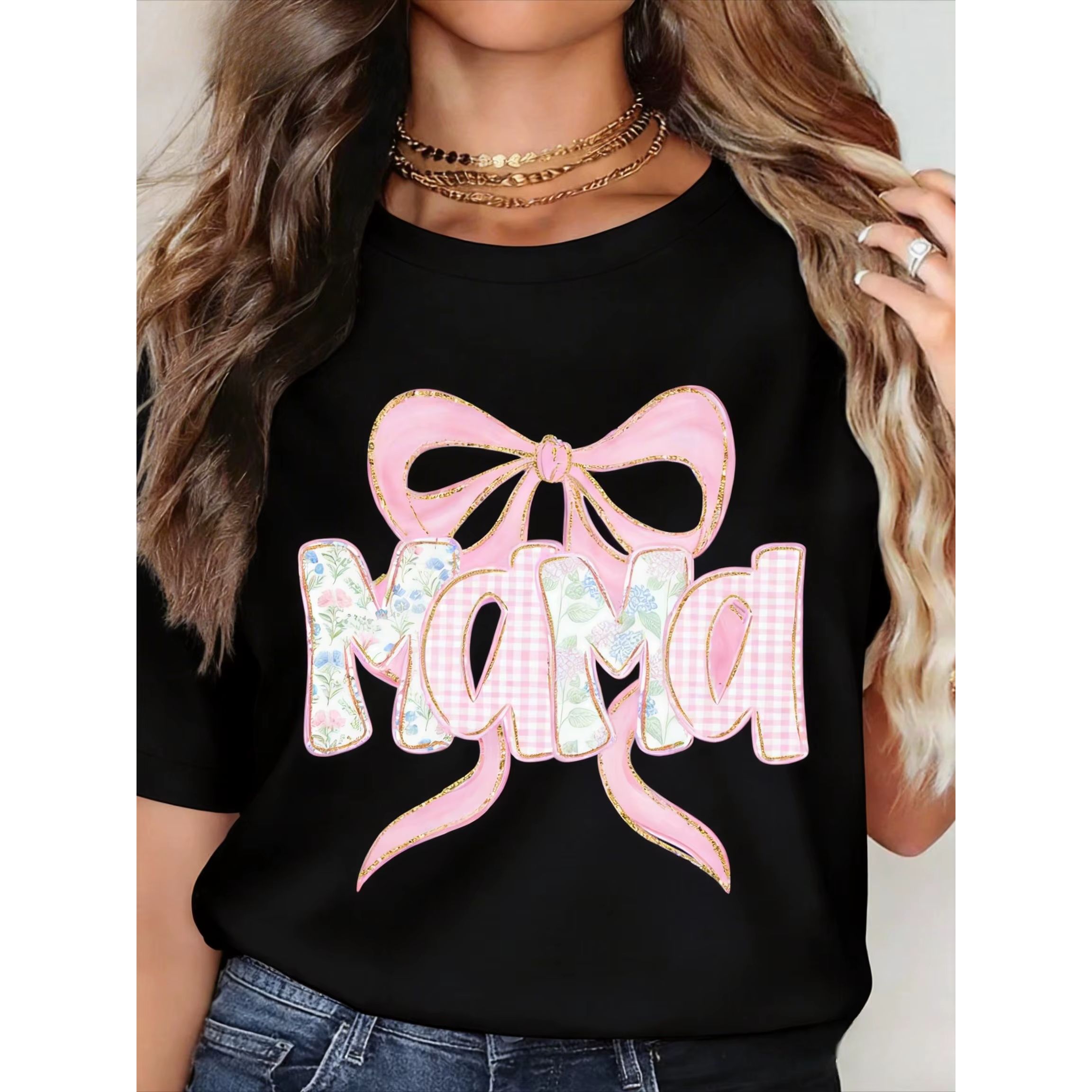 T-shirt rose à nœud imprimé MAMA, vêtements doux pour femmes, vêtements de maison, cadeaux pour la f
