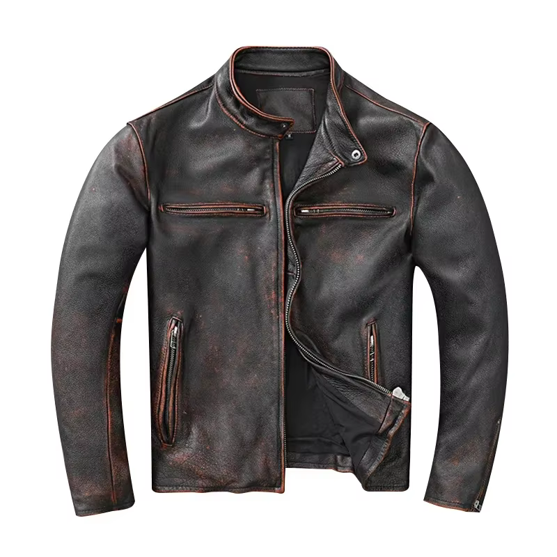 Blouson en cuir homme, court et slim, vintage, rouge, marron, automne