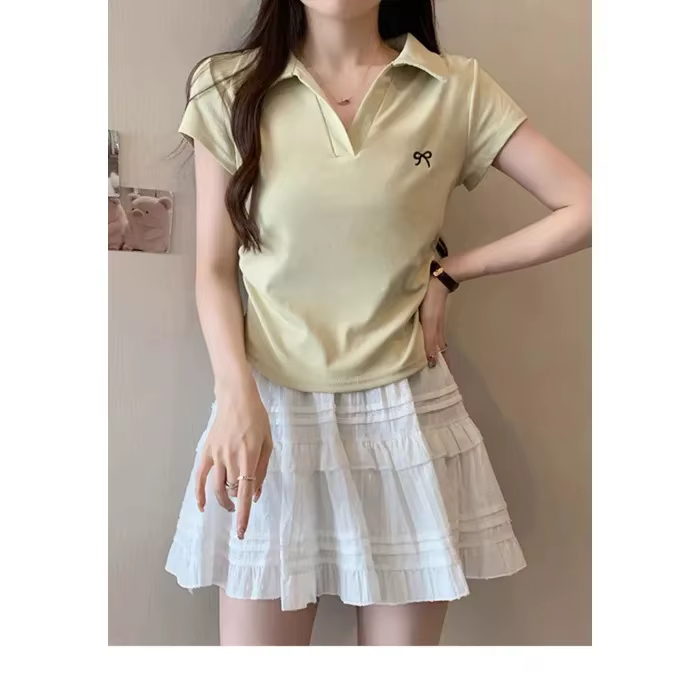 T-shirt à col polo à manches courtes pour femme, coupe ajustée, taille cintrée, style doux et épicé,