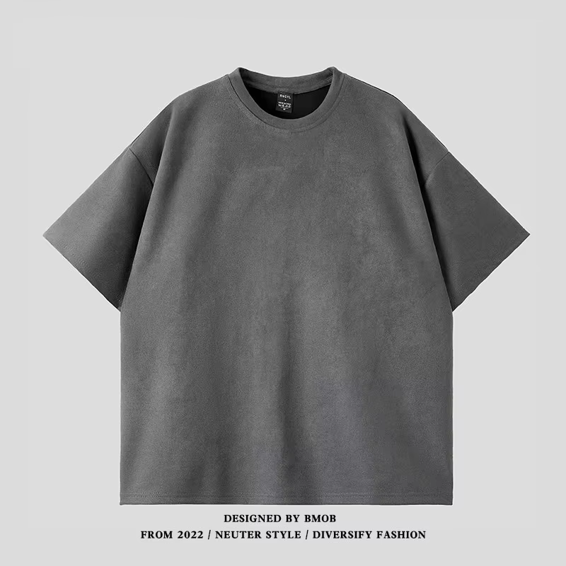 T-shirt à manches courtes en daim pour hommes, marque américaine tendance, ample, couleur unie, col 