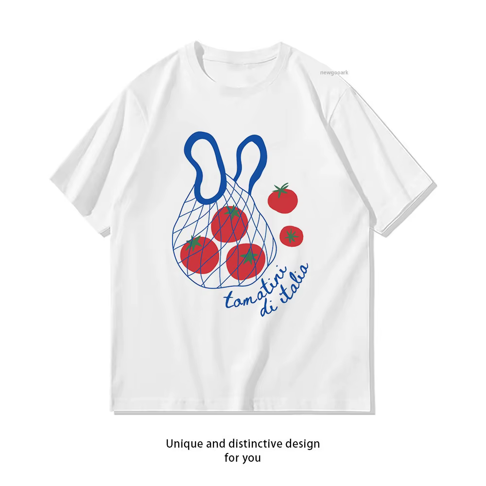 T-shirt en coton à col rond pour femme et homme, motif graphique 'Pomodoro' style marché fermier rét