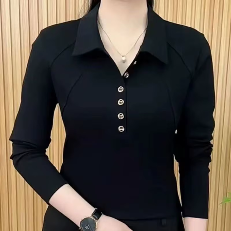 T-shirt décontracté à revers et boutons, couleur unie, pour femme, nouvelle collection automne, coup