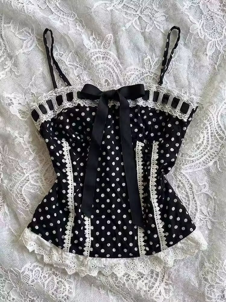 Débardeur Crop Top Femme Y2K Kawaii Harajuku Punk, Motif à Pois, Dentelle, Coupe Slim, Style Esthéti