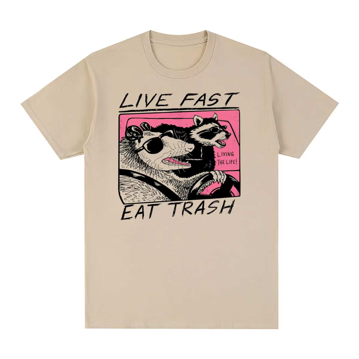 T-shirt décontracté en coton pour hommes et femmes, vêtements d'été cool, Live Fast Eat Trash, Vinta