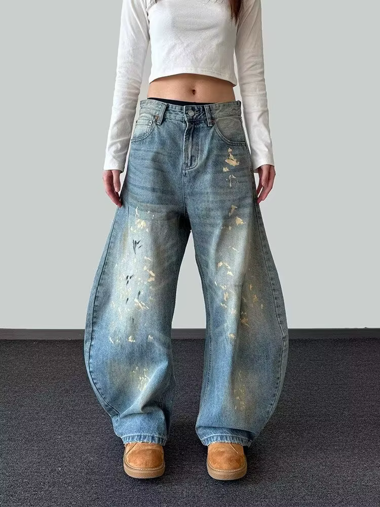 2025 Ropa Y2K mode peinture à l'encre Vintage bleu Baggy jean pantalon pour femmes vêtements vieille