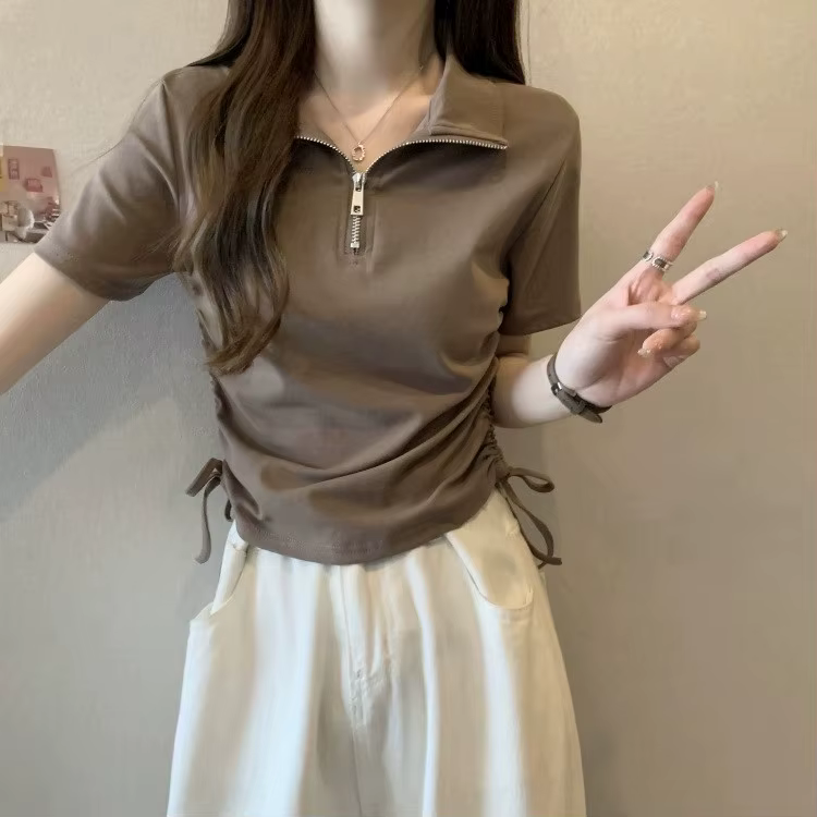 T-shirt polo pour femme à demi-zip, froncé, coupe ajustée, manches courtes, décontracté, pour l'été