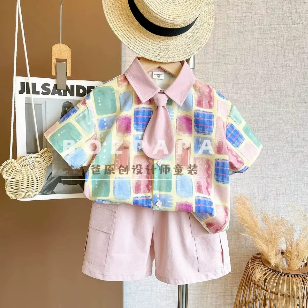 Boys Summer Clothes set Kid Fashion Short Sleeved Colorful Shirt Pink Shorts Handsome Children's Clo