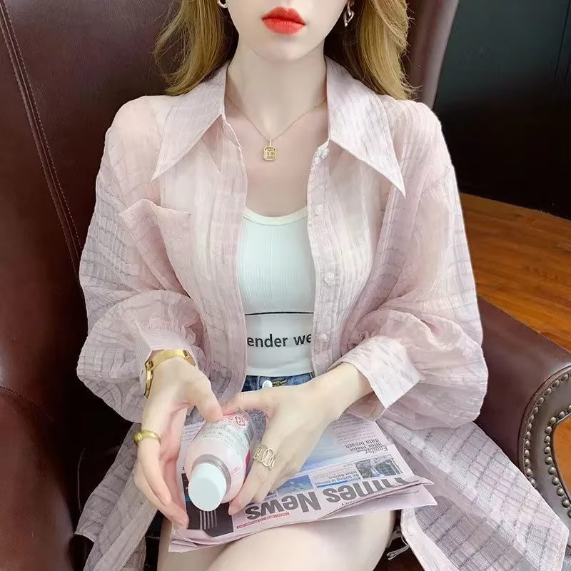 Femmes couleur unie écran vêtements coréen dames manches longues chemise été femme mode ample mince 