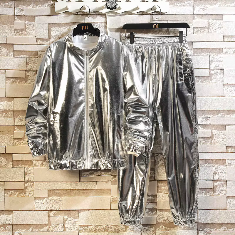 Ensemble 2 pièces décontracté pour homme : veste et pantalon, couleurs or et argent brillants, idéal