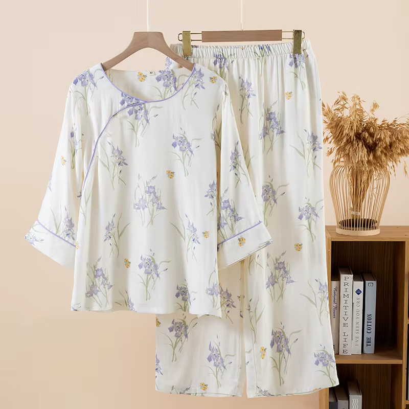 Ensemble de pyjama pour femmes en coton de bambou naturel respirant à manches 3/4 avec col croisé et