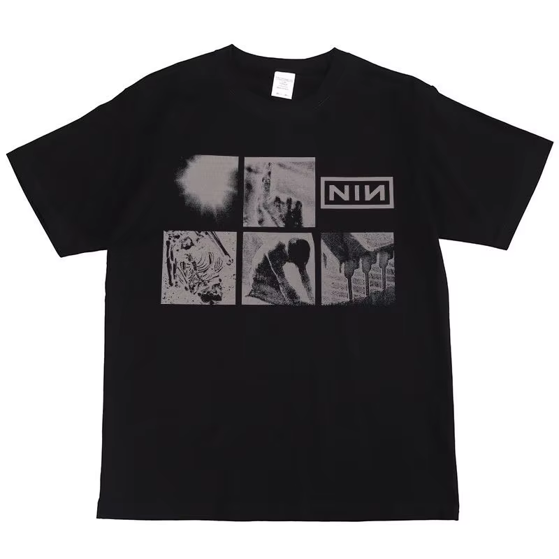 T-shirt à manches courtes rétro hip-hop américain imprimé offset Nine Inch Nails Rock Band