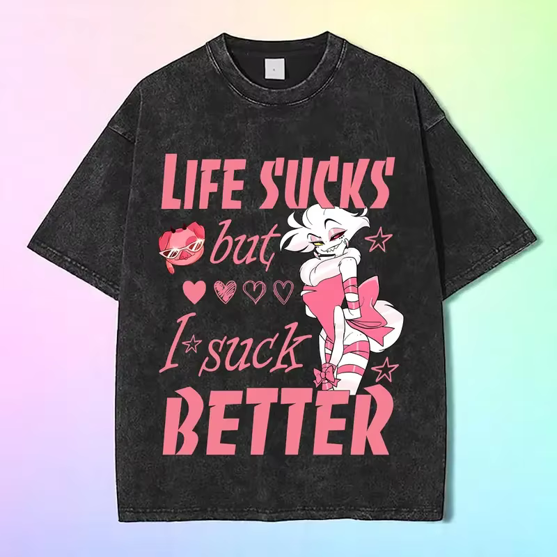 Anime Hazbin hôtel ange poussière T-shirt hommes femmes vêtements gothique Vintage lavé surdimension