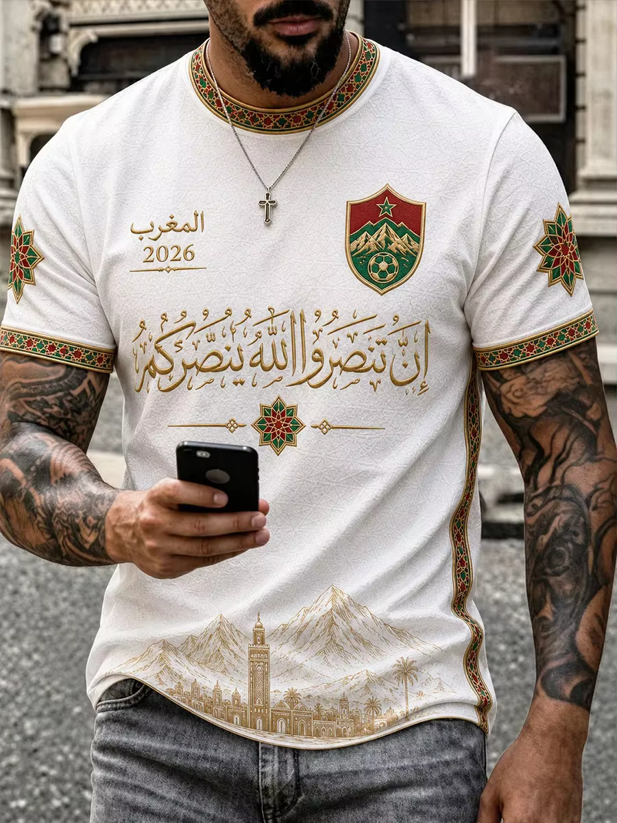 T-shirt de football blanc du Maroc à col et poignets verts et rouges, imprimé floral et motif d'héra