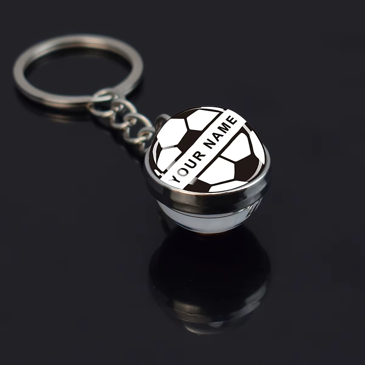 Porte-clés de football personnalisé avec nom et texte, pendentif en verre, bijou de style sportif, c
