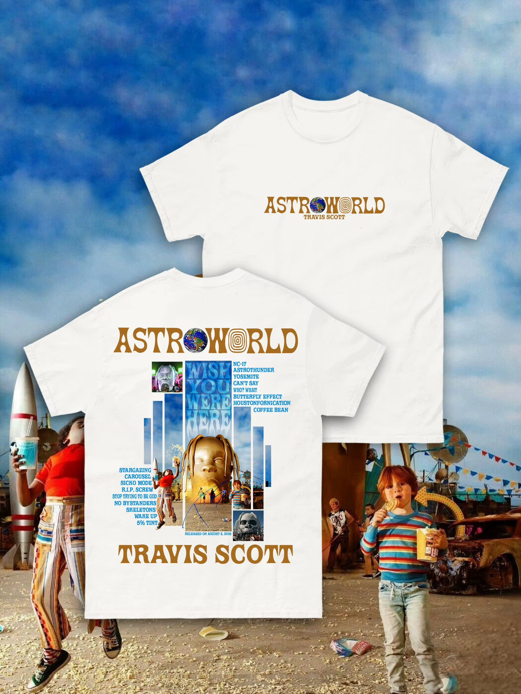 T-shirt Travis Scott Astroworld Album Wish You Were Here Hip Hop Rap Graphic Tee Hommes Femmes Décon