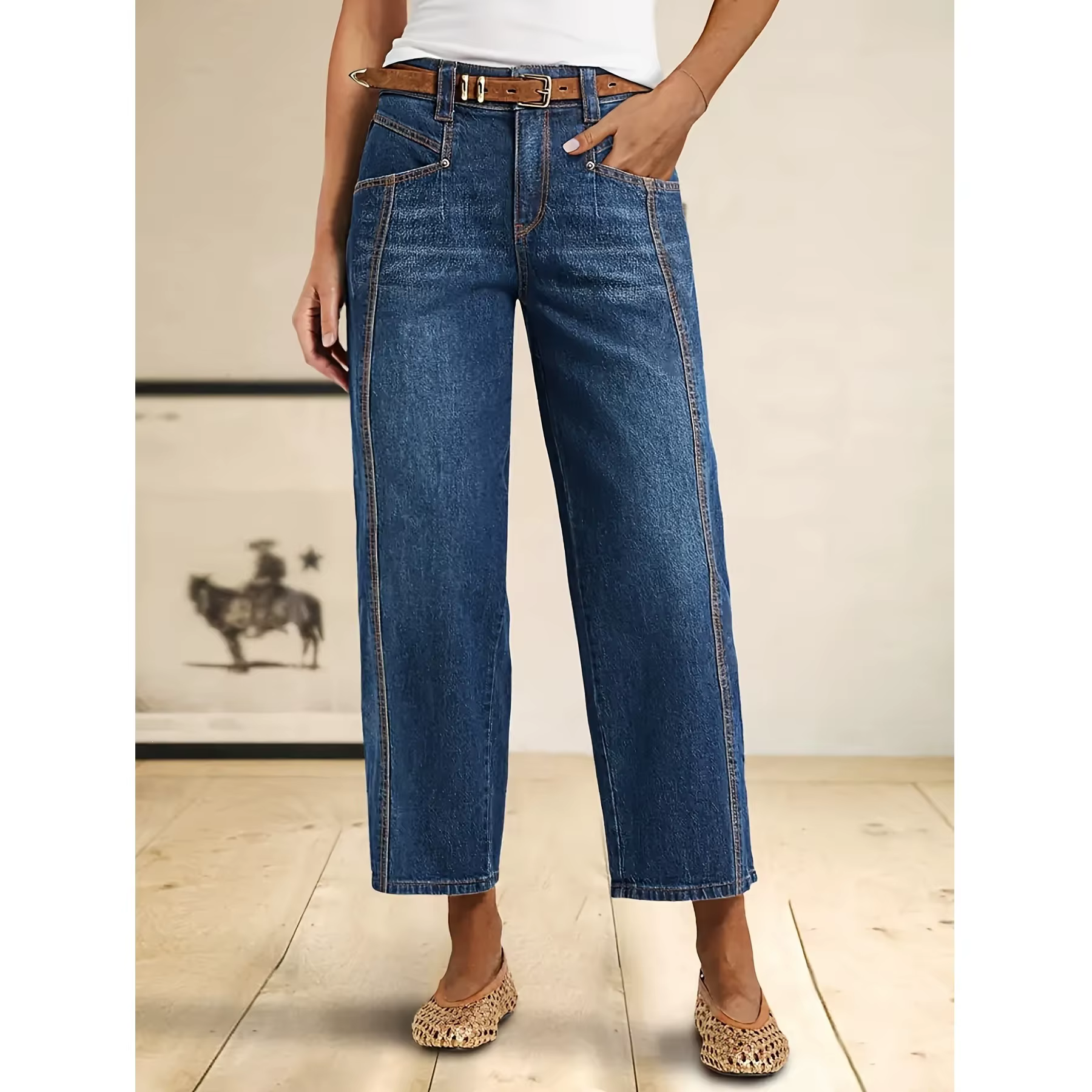 Jean en denim délavé élégant à coupe droite et ample, pantalon en jean élastique polyvalent et tenda